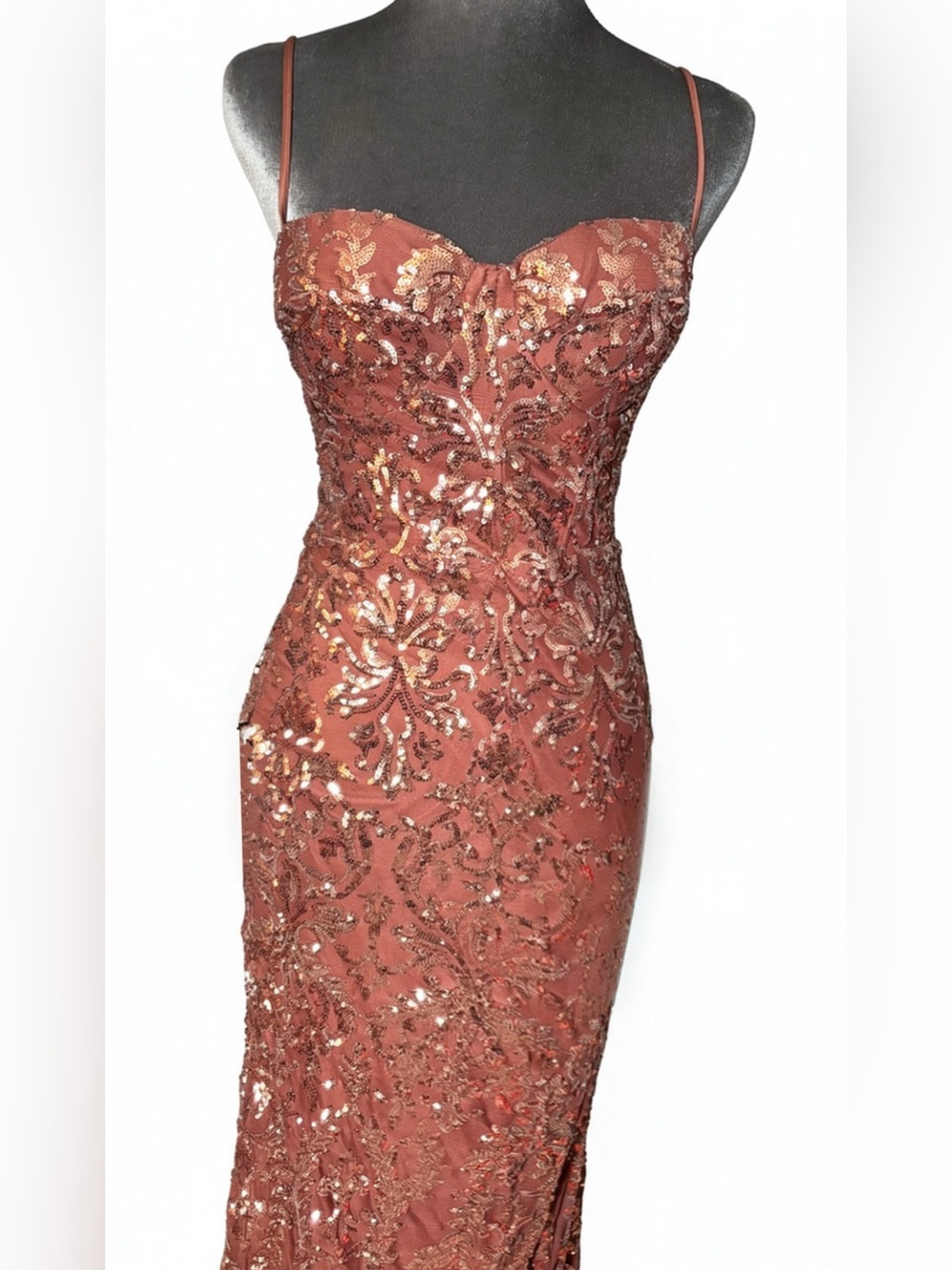 Lovesome Sequin Mermaid Maxi Dress Gown Brown Gold Size Small